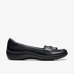 Clarks Cora Haley Black Leather Slip Ons Dame Sort | TPGRI-9641